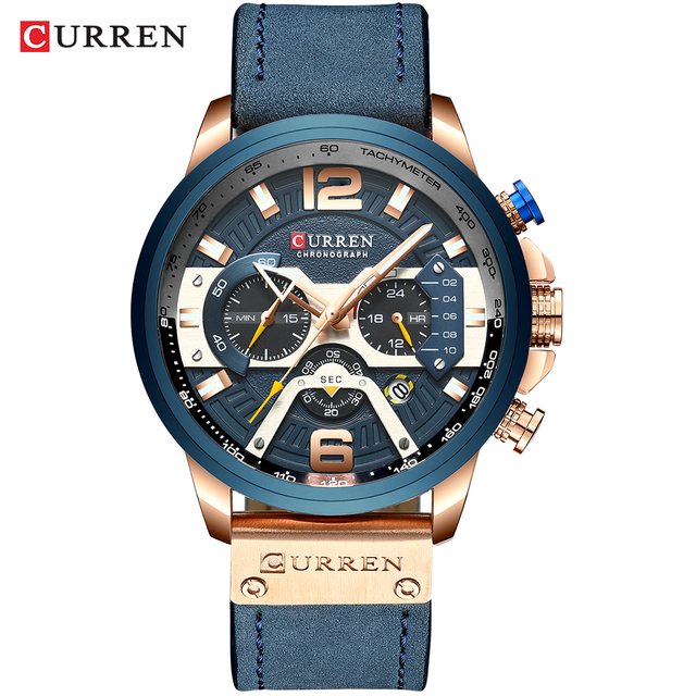 Mens Sports Chronograph Watch Leather Strap Blue