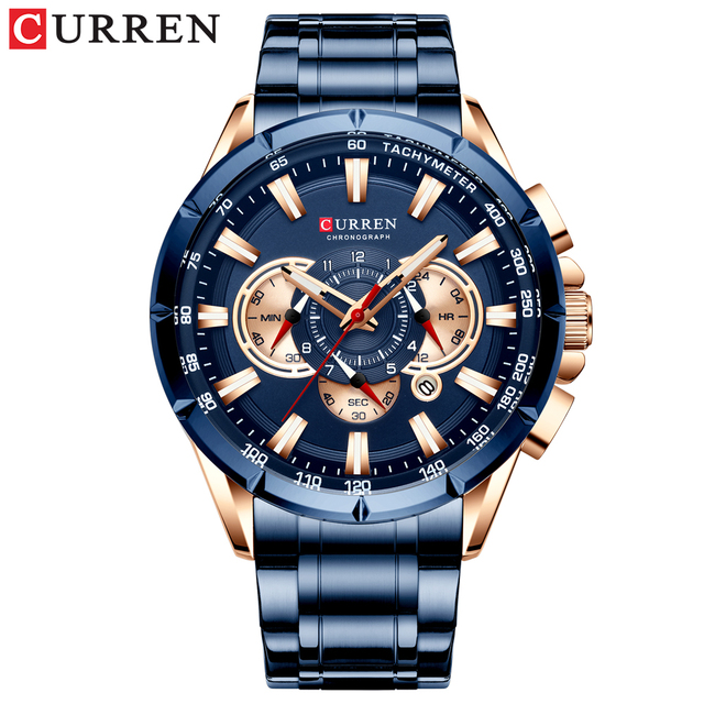 Mens Sports Chronograph Watch Stanless Steel Blue